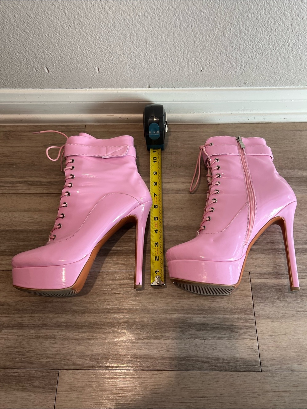 Pink Patent Lace-Up Platform Ankle Boots